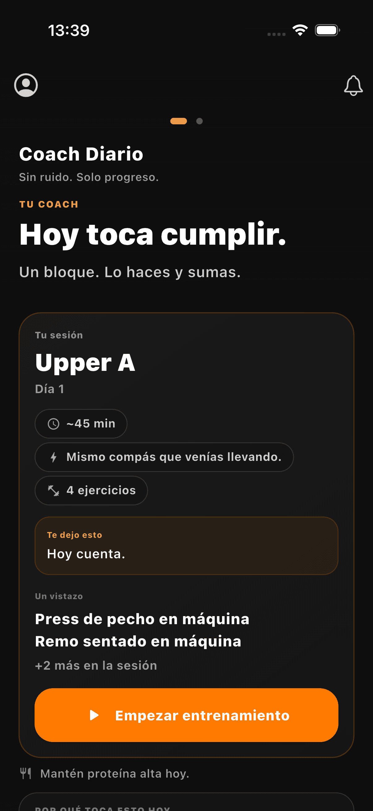 Trainr: pantalla Hoy toca cumplir con la sesión del día y el botón de acción